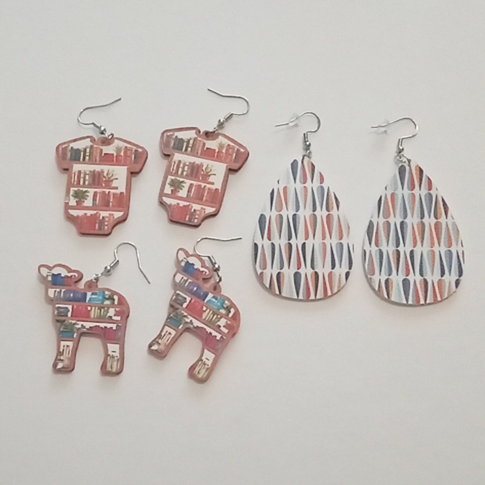 #1146.   3 Piece Assorted, Colorful Wood & Faux Leather Earring Bundle